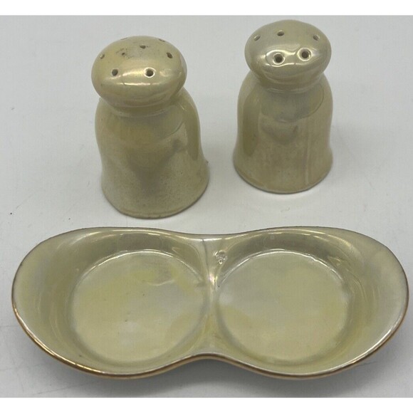 Mini Salt & Pepper Shaker Set With Tray Germany Lusterware Yellow Cute - Picture 2 of 5